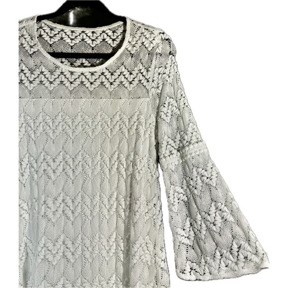 Sandra Darren Sz 8 White Lace Dress Long Bell Sleeve Boho Hippie Lined Crochet - Picture 2 of 9